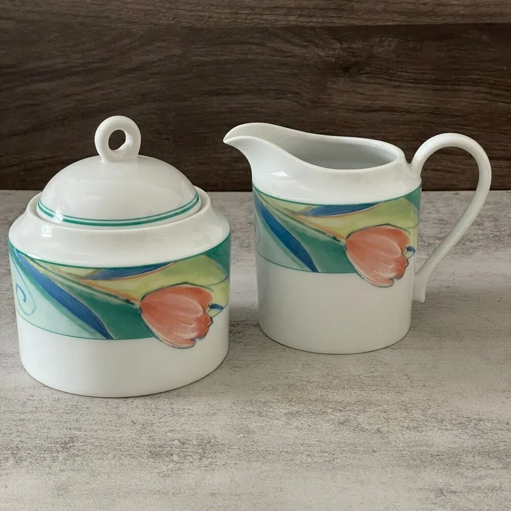 Studio Nova French Tulip Y2K China Creamer Covered Sugar Bowl 2-pc Set Thailand